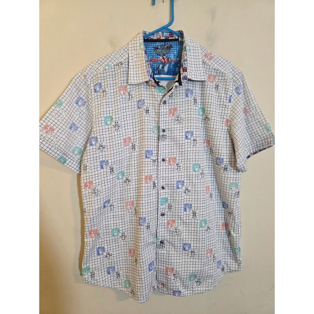 Robert Graham Mens L Classic Fit Short Sleave Button Down Monster Alien Grid Top